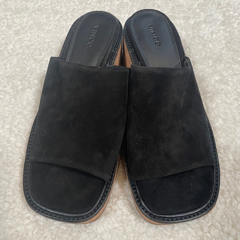 Vince Maddy-B Black Suede Cork Platform Slide Sandals Square Toe Neutral 8 - Picture 4 of 8